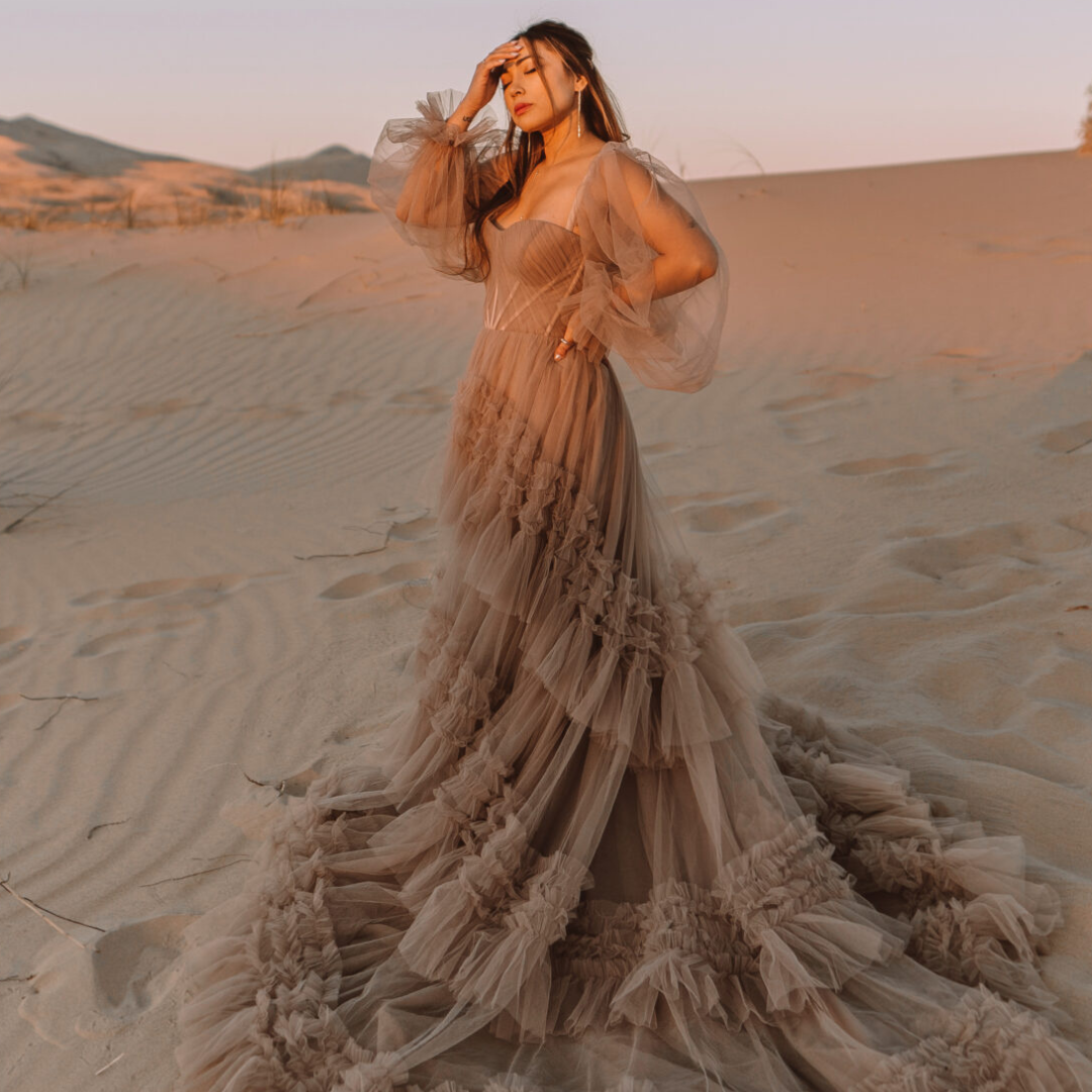 Model wearing brown ruffle tulle A-Line dress